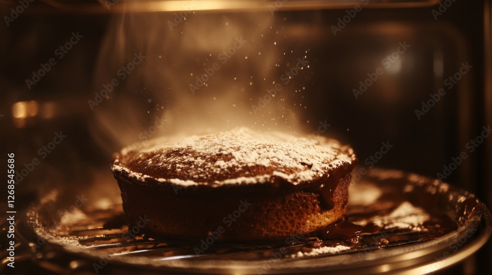Poster a dramatic shot of a chocolate souffl rising in the oven, with a rich brown color and a dusting of p
