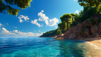 Fototapeta premium Tranquil Beach Seascape with Turquoise Water and Pine Trees