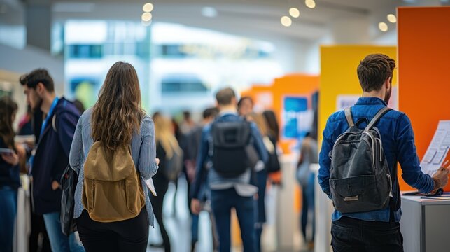 A vibrant career fair setting with booths from different companies and job seekers engaging with recruiters.