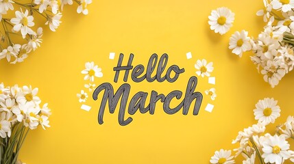 Hello March greeting card with white daisies on yellow background.