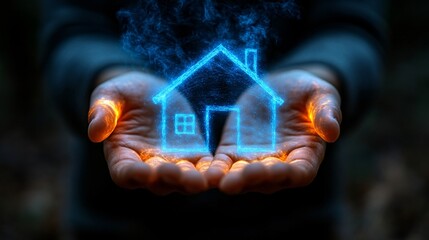 Glowing Blueprint of a House Forming Above Hands with Smoke and Light Effects at Night