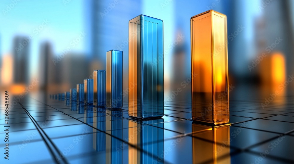 Poster a dynamic bar graph with tall, shiny bars in blue and orange, standing on a reflective grid, symboli