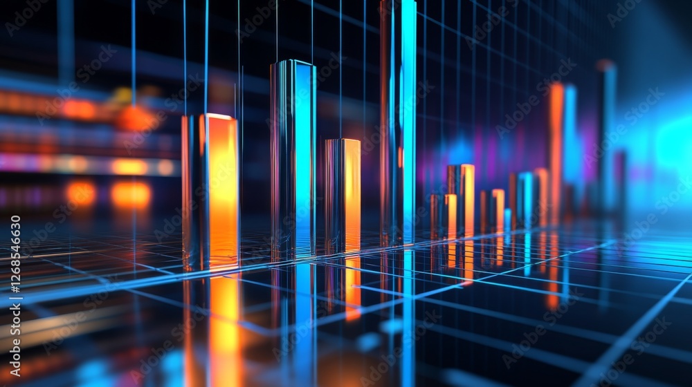 Poster a dynamic bar graph with tall, shiny bars in blue and orange, standing on a reflective grid, symboli
