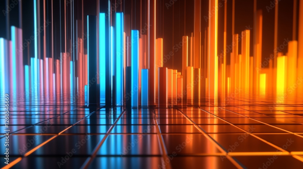 Poster a dynamic bar graph with tall, shiny bars in blue and orange, standing on a reflective grid, symboli