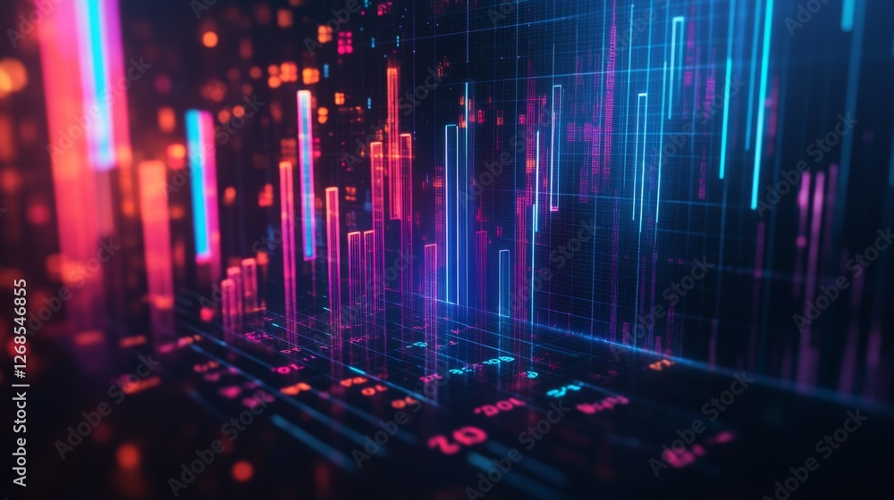 Poster A financial bar chart with translucent bars in ascending order, placed on a dark, sleek background with glowing data points floating around