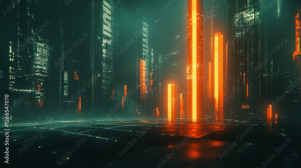 Poster a futuristic d bar chart with tall, glowing columns and an upward trending arrow, hovering over a da