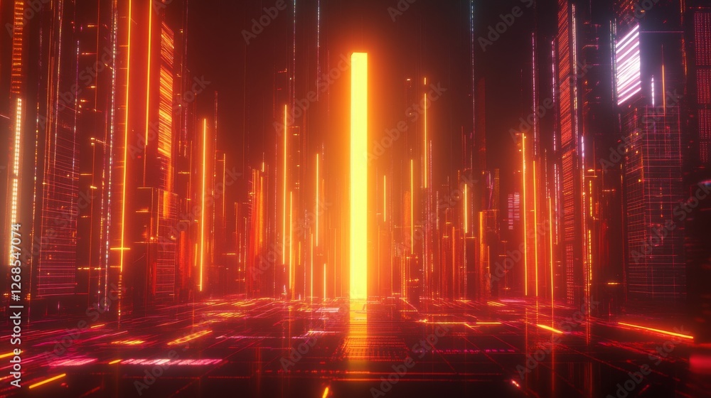 Poster a futuristic d bar chart with tall, glowing columns and an upward trending arrow, hovering over a da