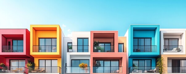 Obraz premium Architectural diversity in a row of modern houses with bold colorful facades, sleek windows, and unique design elements, urban environment, ultrarealistic lighting, 8K quality