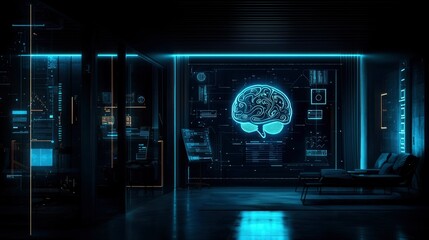 Futuristic Control Room with Holographic Brain Interface