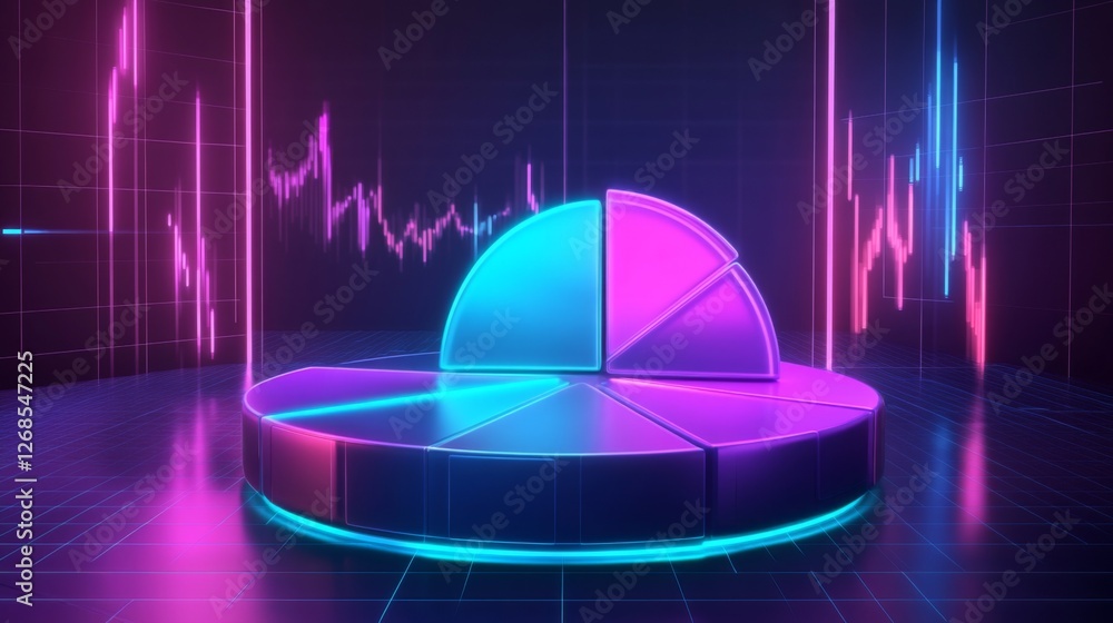 Poster a futuristic d pie chart with floating segments, each glowing with neon lights, set against a dark g