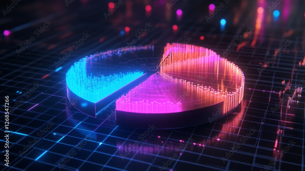 Poster a futuristic d pie chart with floating segments, each glowing with neon lights, set against a dark g
