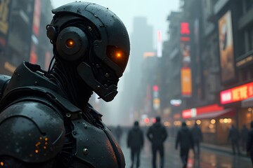 A cybernetic warrior with one glowing eye scanning a post-apocalyptic city. 