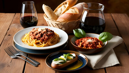 A beautifully arranged selection of traditional Italian foods including pasta pizza spaghetti risotto gelato and other iconic dishes.