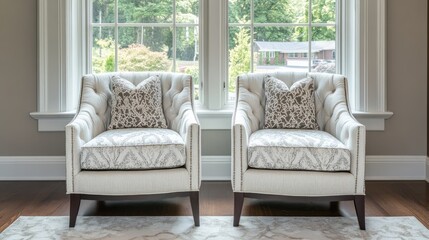 Two matching chairs with soft cushions placed symmetrically near a window for a cozy retreat