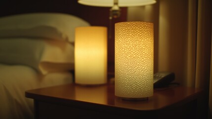 Two matching lampshades with soft, glowing light positioned on a nightstand
