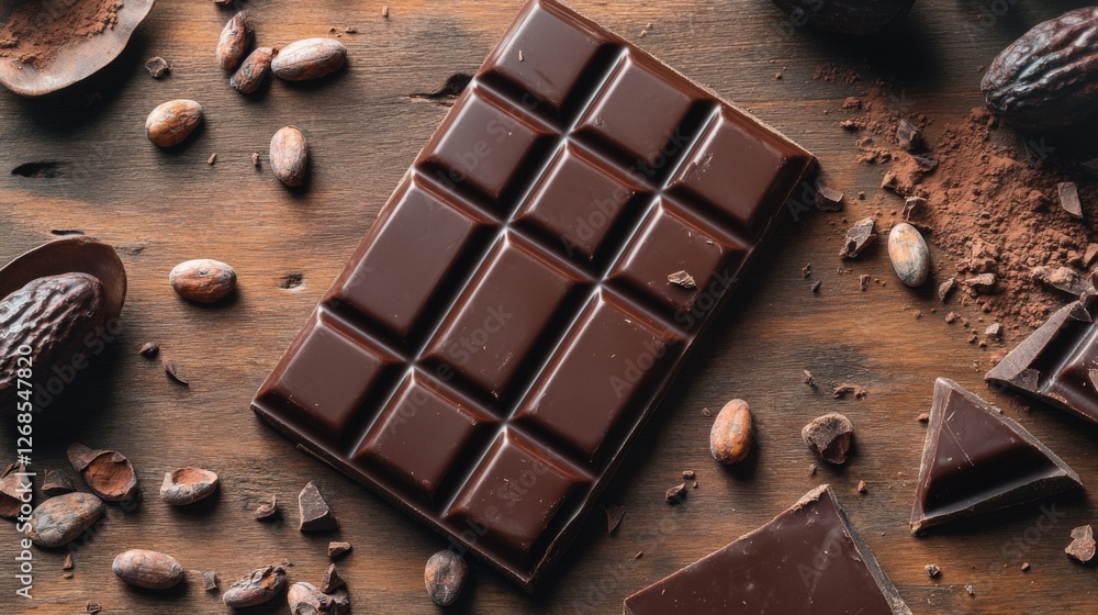 Poster A high-angle view of a chocolate bar broken into pieces, with whole cocoa beans and cocoa pods artfully placed around it for contrast