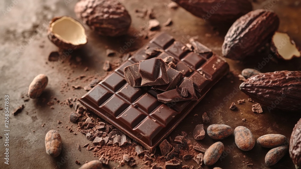 Poster A high-angle view of a chocolate bar broken into pieces, with whole cocoa beans and cocoa pods artfully placed around it for contrast