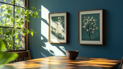 Two matching picture frames on a wall, each displaying romantic artwork side by side