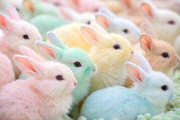 Lots of Cute Pastel Colored Baby Bunnies Together. Easter concept