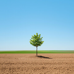 Obraz premium A solitary green tree stands in a vast, barren field under a clear blue sky, symbolizing resilience and nature
