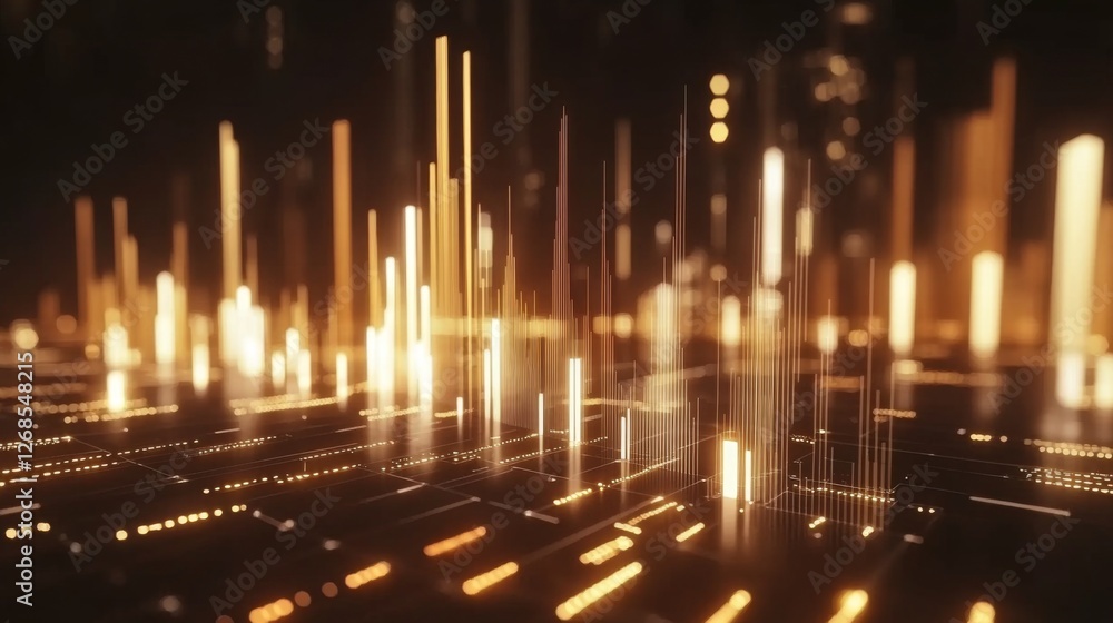 Poster A high-tech D bar chart with luminous bars arranged in a smooth, upward trend, set against a dark, futuristic financial dashboard