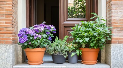 Two potted plants arranged symmetrically on either side of a door, inviting harmony and love energy