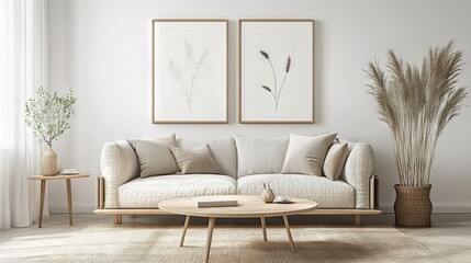 Two symmetrical picture frames with romantic artwork placed side by side on a living room wall