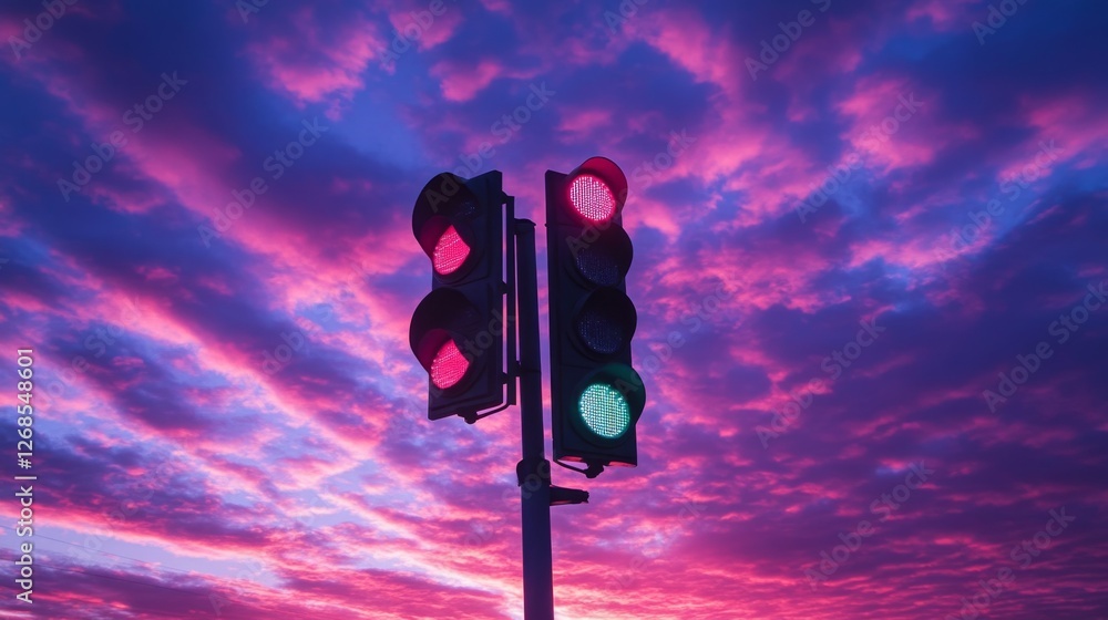 Poster a low-angle shot of a traffic light against a vibrant sunset sky, with the light casting long shadow