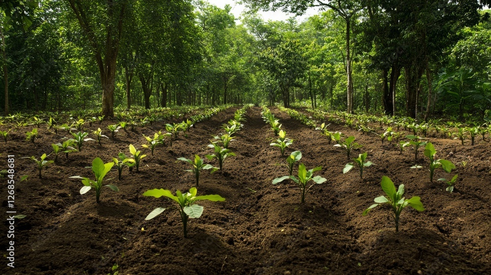 Poster a lush forest clearing with freshly planted saplings surrounded by older trees, showcasing the progr
