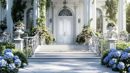 Fototapeta premium Luxurious mansion front porch with a white marble door and silver accents