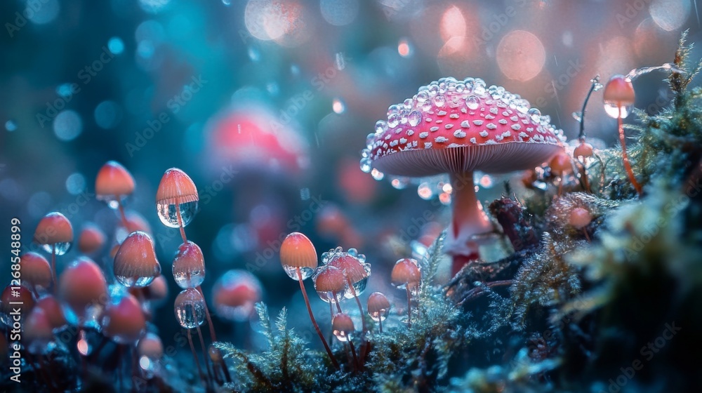 Poster a macro shot of a cluster of mushrooms on a damp forest floor, with clear water droplets enhancing t