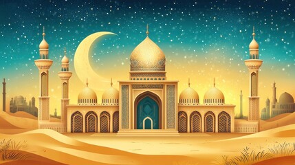 Majestic Mosque Underneath a Crescent Moon Night Sky