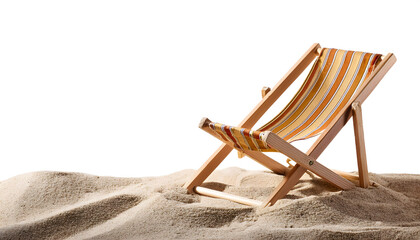 Wooden beach chair resting on golden sand dunes