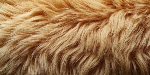 Fototapeta premium Close-up of the texture and pattern on a golden-brown sheepskin rug, showcasing its softness and warmth, with space for text or product display.