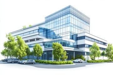 Modern office building, landscaping, sunny day, isolated, real estate