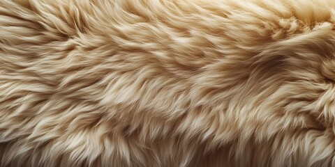 Fototapeta premium Close-up of the texture and pattern on a golden-brown sheepskin rug, showcasing its softness and warmth, with space for text or product display.