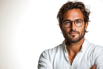 Obraz premium Confident man with glasses and tousled hair poses against a plain background, exuding charisma and approachability in a casual white shirt, emphasizing modern style and professionalism.
