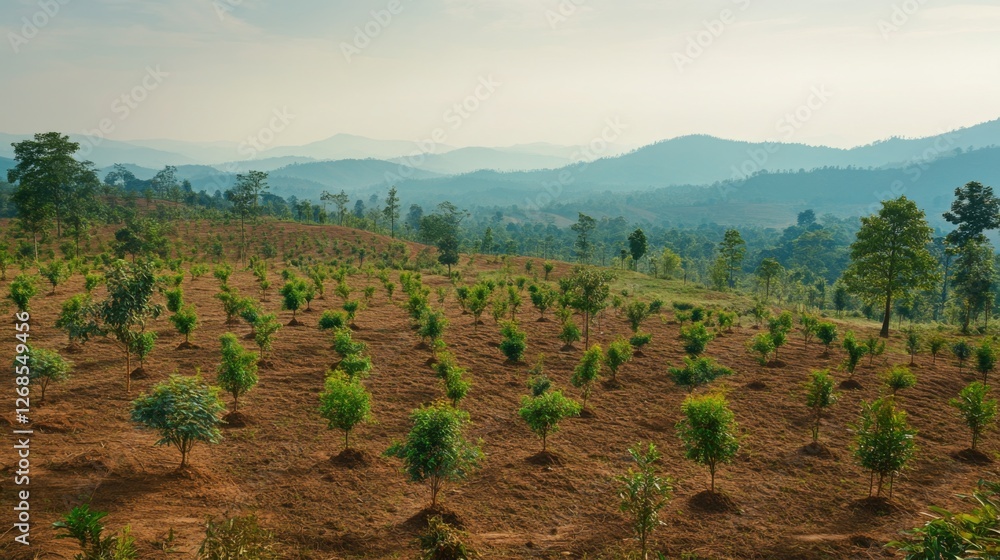 Poster a panoramic view of a hillside covered in small, newly planted trees, with mountains in the distance