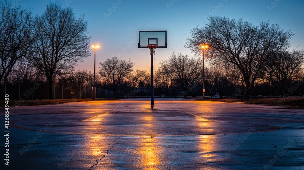 Poster a panoramic view of an empty basketball court at dusk, with streetlights illuminating the area and s