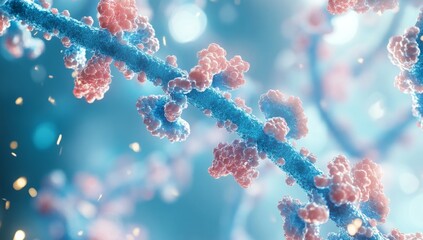 Microscopic virus strand, detailed rendering, bokeh background, medical illustration