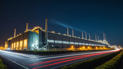 Obraz premium Industrial factory at night emitting smoke and pollution with light trails on the road