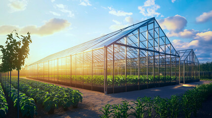 Naklejka premium Greenhouse with Interconnected Units, Transparent Polycarbonate Panels, and Steel Framework for Optimal Sunlight