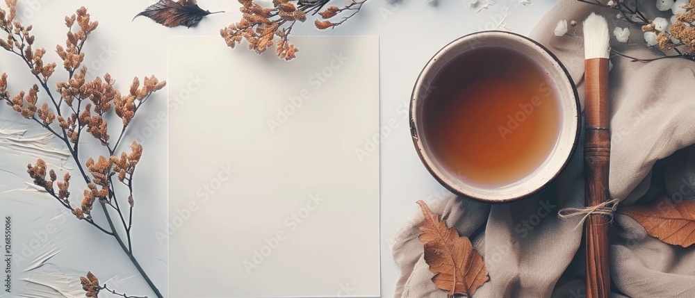 Fototapete flat lay composition of notebook, coffee, and green tropical leaves on a minimal background. creativ