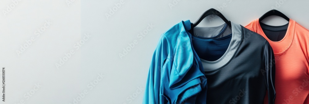 Aufkleber Stylish athletic wear displayed on hangers with a modern background in a retail setting. Generative AI