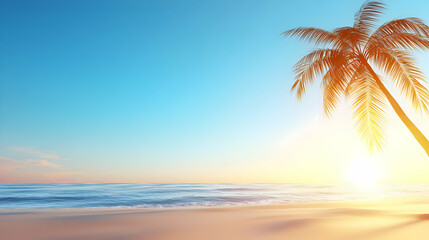 Fototapeta premium Tranquil Sunset Beach Scene with Palm Tree Silhouette