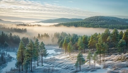 Beautiful aerial view of a misty pine forest in winter with foggy hills, a stunning landscape, forest trees in the background