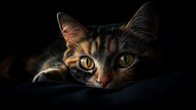 A captivating gaze, close-up of a tortoiseshell cat in soft darkness