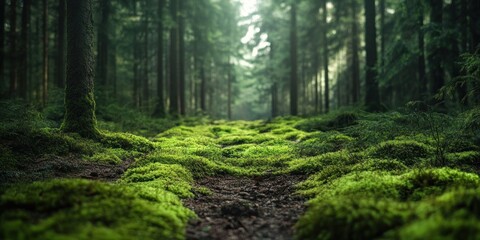 Obraz premium Enchanted Forest Path: A Serene Journey Through Lush Green Moss