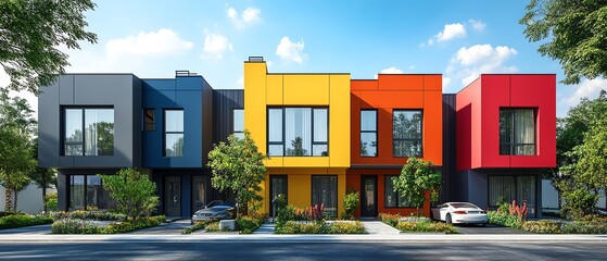 Row of modern houses with diverse architectural styles, vibrant colorful facades, clean lines, contemporary designs, urban setting, highdefinition, ultrarealistic, 8K render