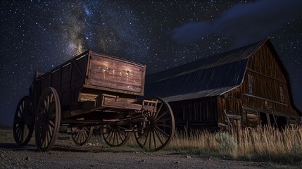 Obraz premium Night sky, wagon, barn, rural scene, Western landscape, stock photo